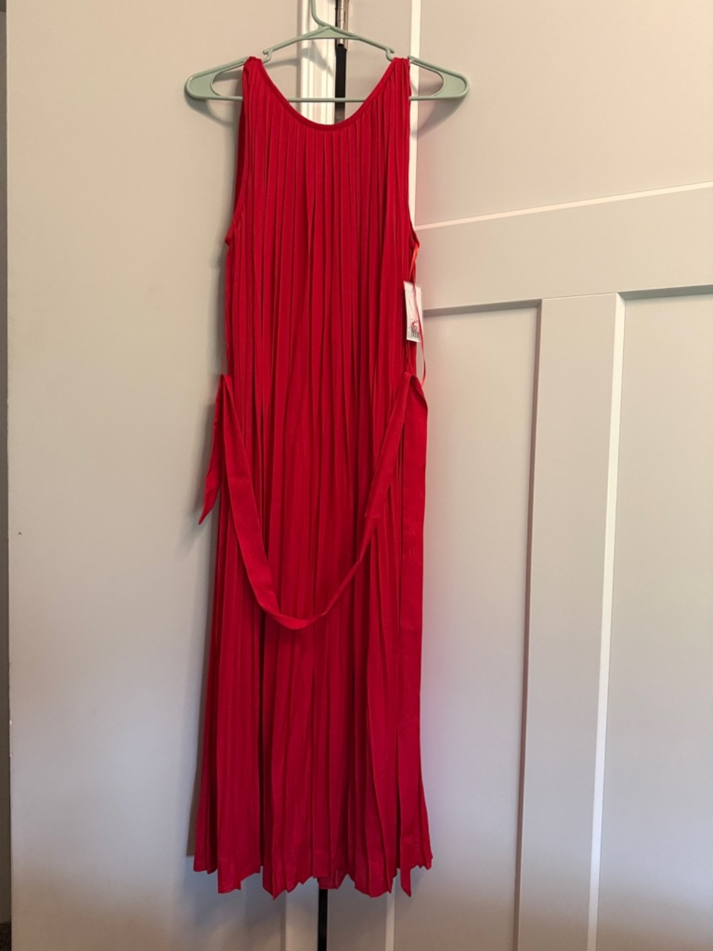 Nine West Vibrant Red Pleated Midi Dress with Self-Tie